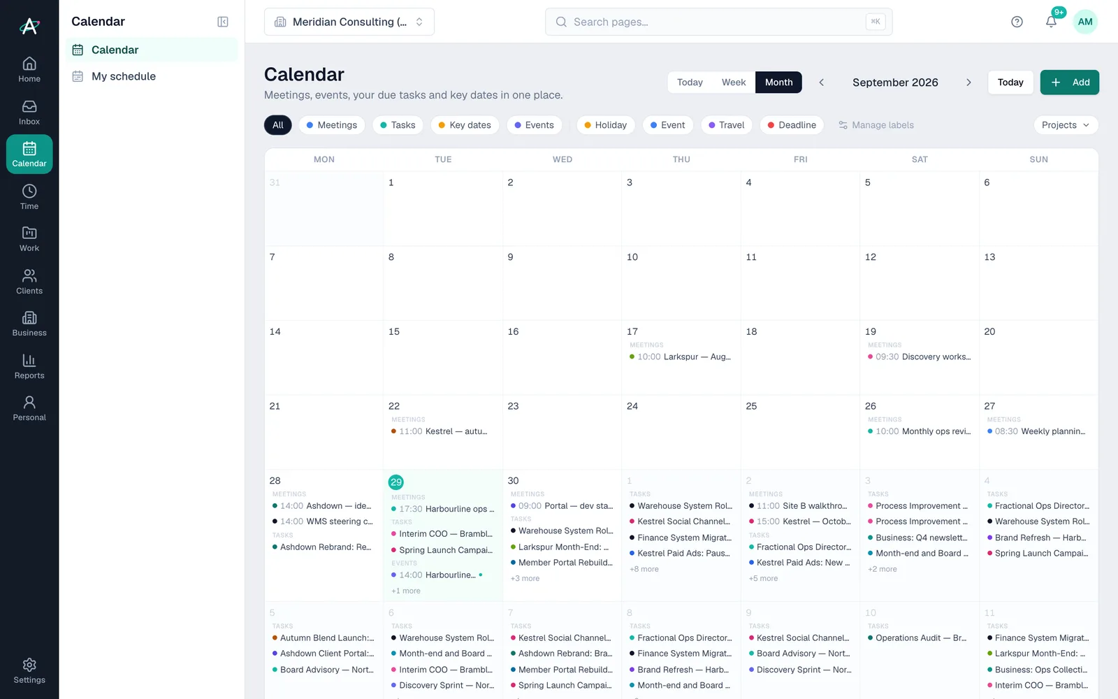Ambital calendar showing a month of client meetings across accounts