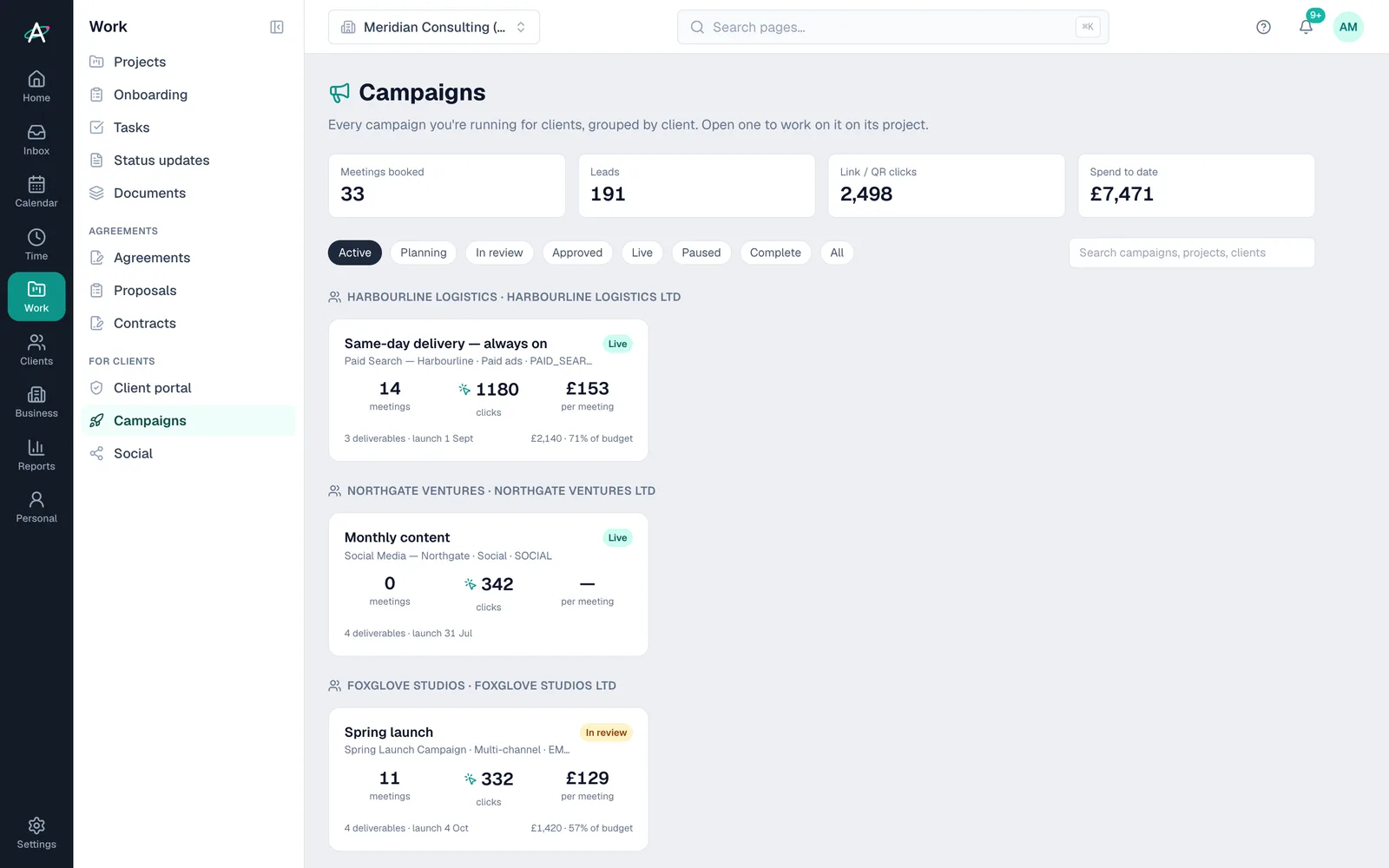Ambital Campaigns: live client campaigns with meetings, leads, clicks and spend