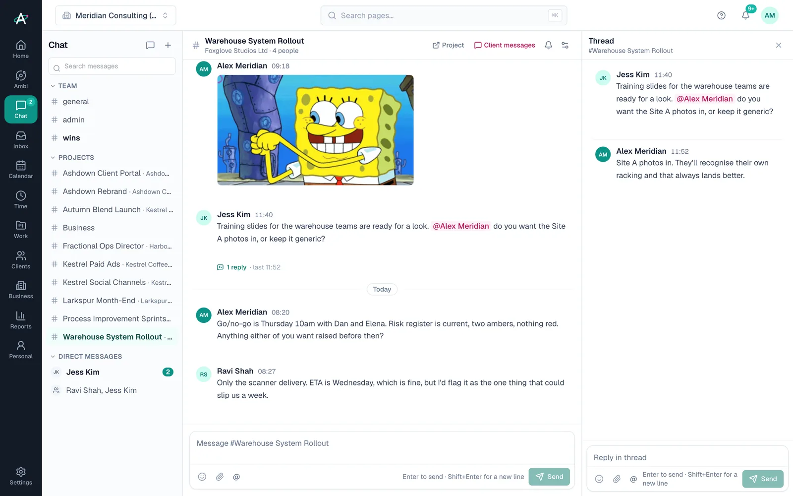 Team chat: the channel list on the left, the Warehouse System Rollout channel with a thread open on the right