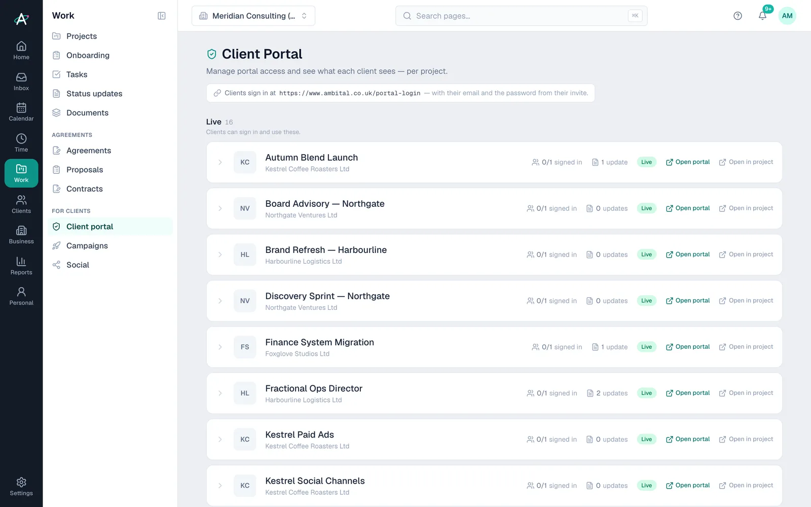 Ambital Client portal: each project's portal, how many client contacts have signed in and whether it is live