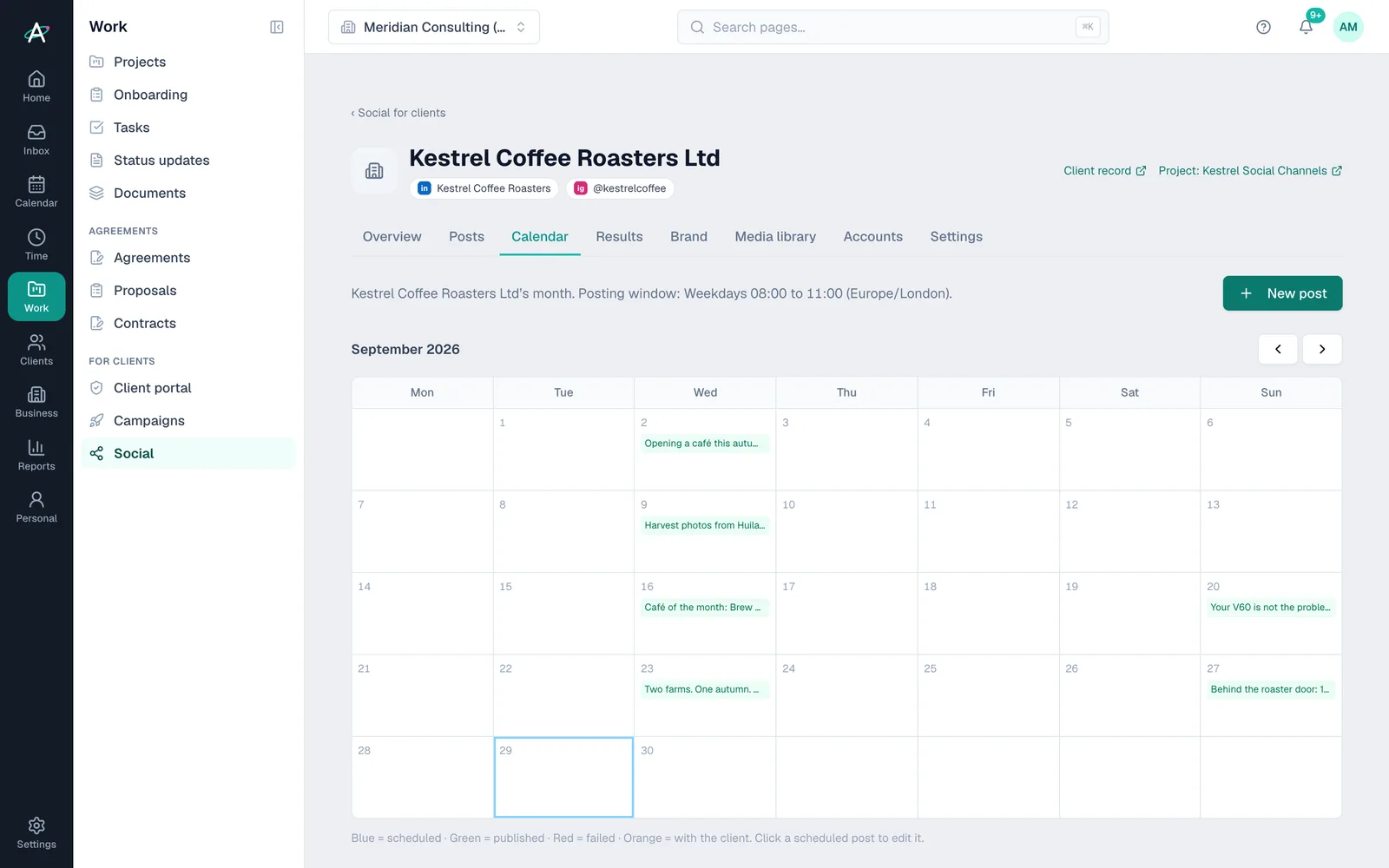 A client's social content calendar in Ambital, with posts by channel and approval status