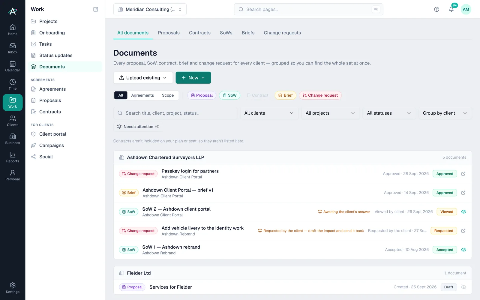Ambital Documents: change requests, briefs and statements of work for each client's projects, with approval status