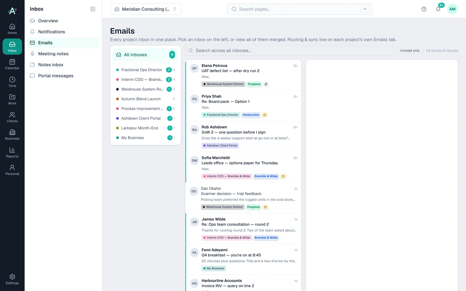 Ambital Emails: every connected inbox in one list, each email tagged with its project