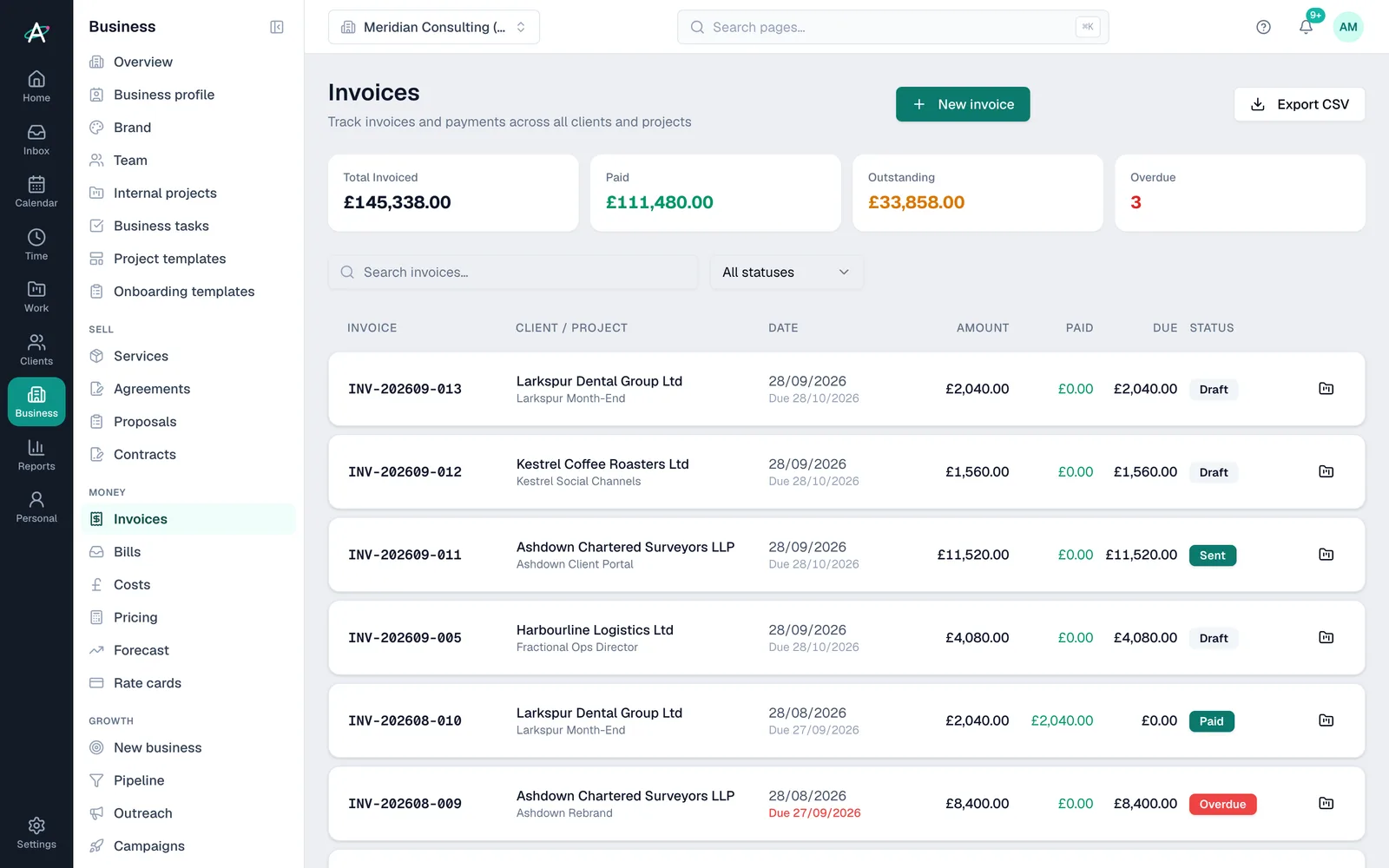 Ambital Invoices: invoiced, paid, outstanding and overdue totals, with each client's invoices and status