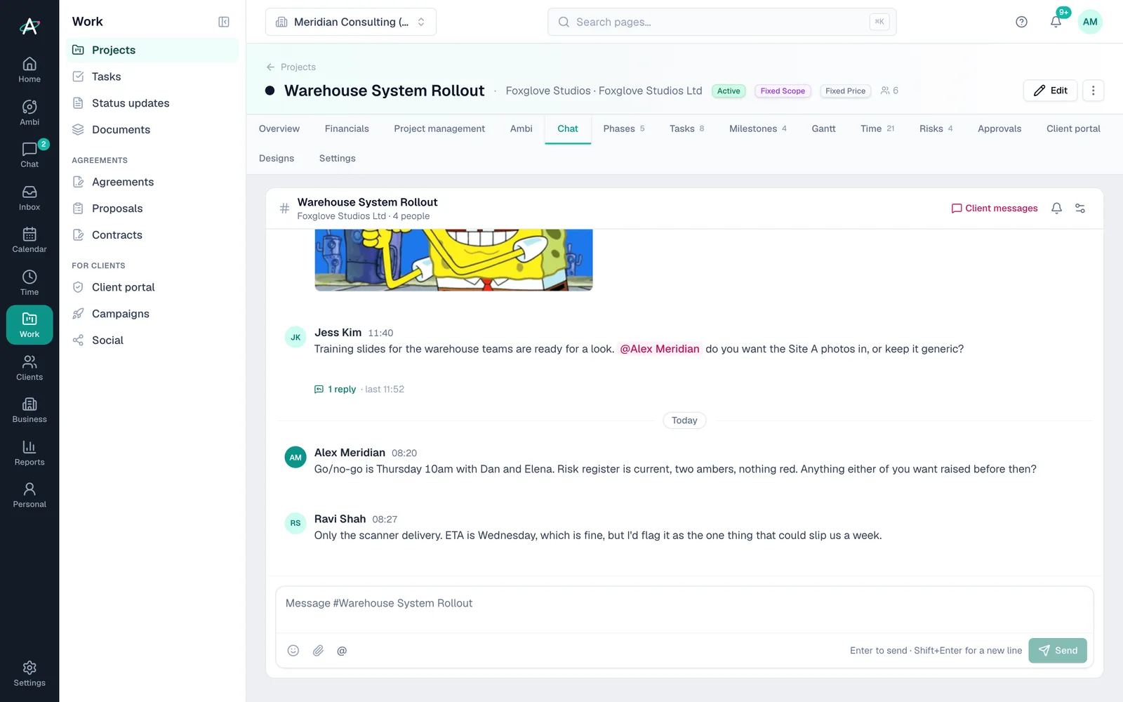 A project's Chat tab showing the project's channel in place