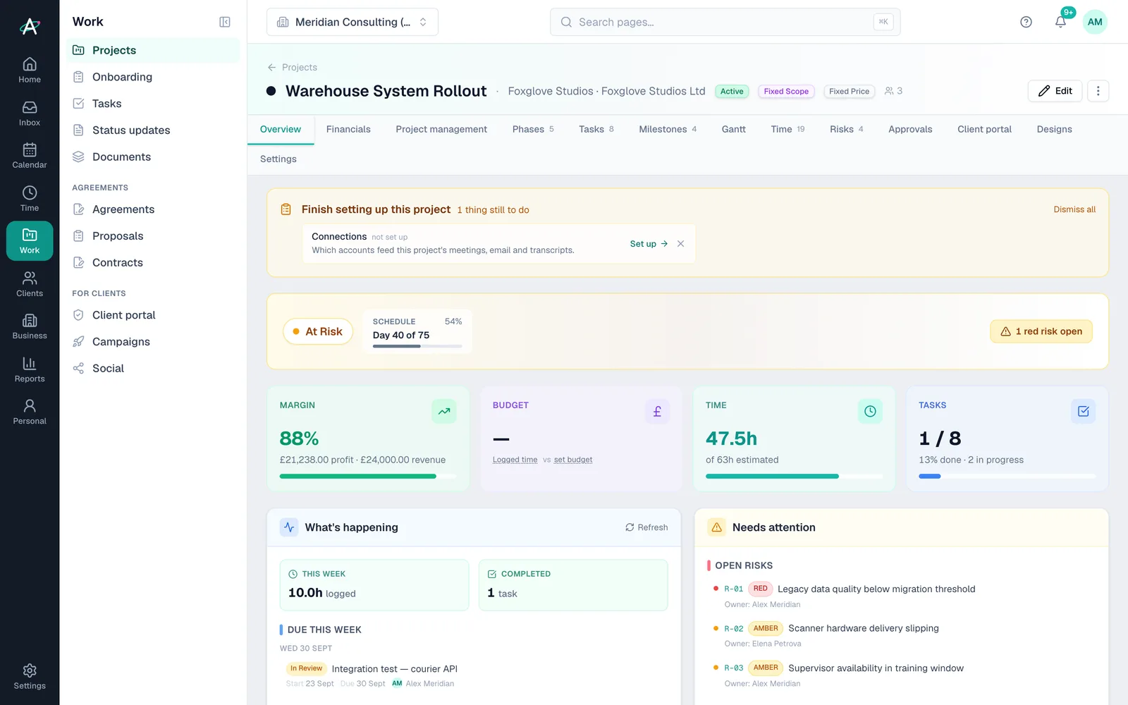 Ambital project overview for the Warehouse System Rollout: margin, budget, time, tasks and open risks