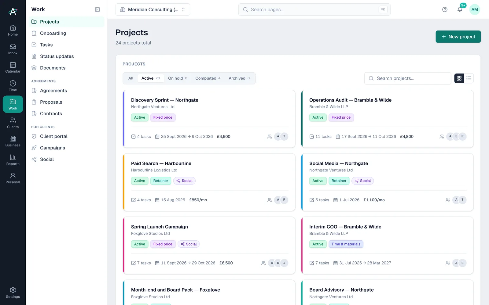 Ambital Projects: retainers and fixed-price projects side by side, with tasks, dates and monthly fees