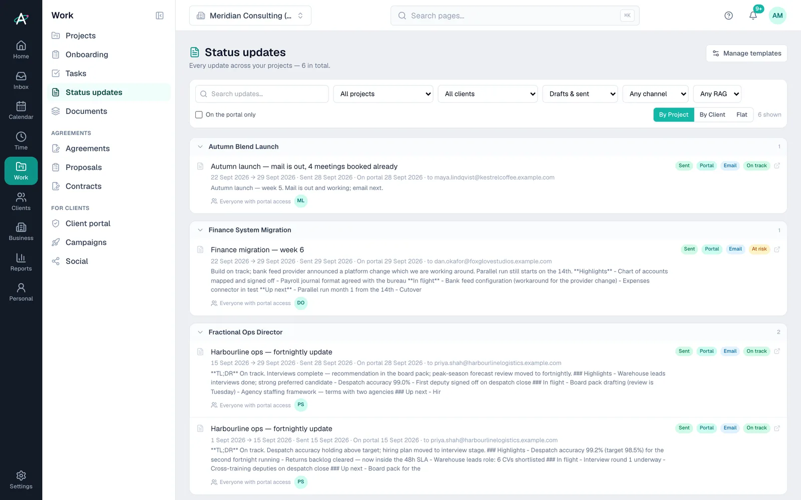 Ambital status updates: fortnightly and weekly updates grouped by project, each marked sent, on the portal, emailed and on track or at risk