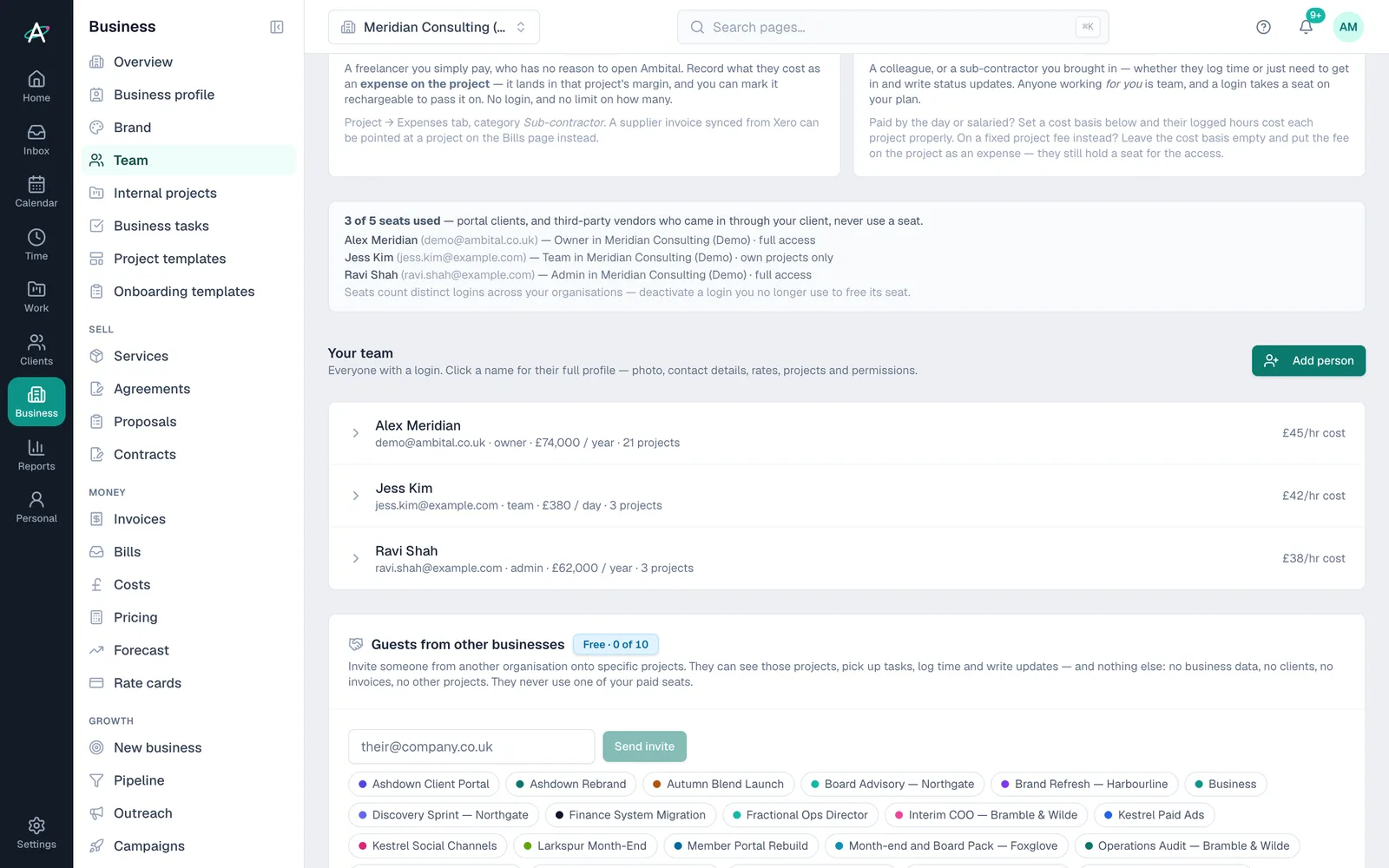 The Team page: three people with their roles, cost rates and project access