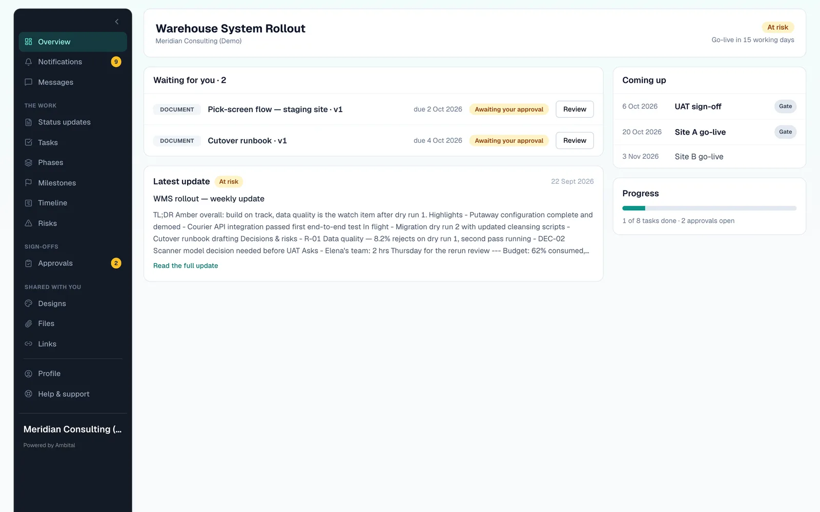 The client's view of the Warehouse System Rollout portal: go-live countdown, tasks assigned to the client, risks, decisions and approvals waiting