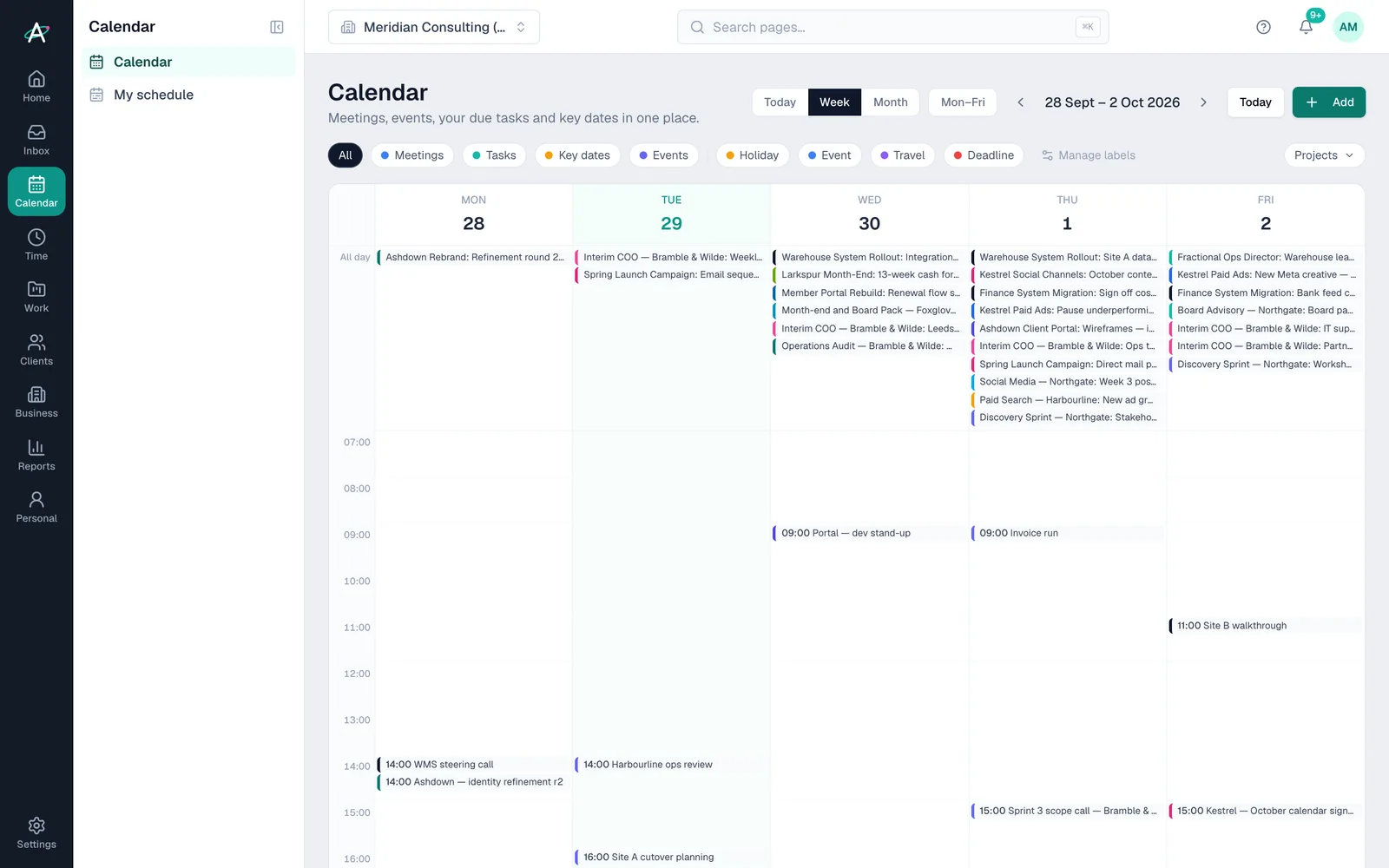 The calendar week across every client project, meetings and due tasks together