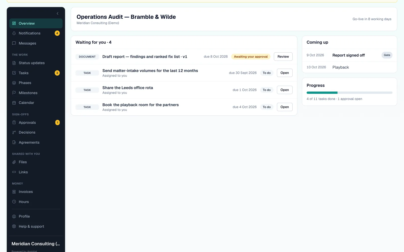 The client's portal, waiting for them: the draft report to review and tasks assigned to them