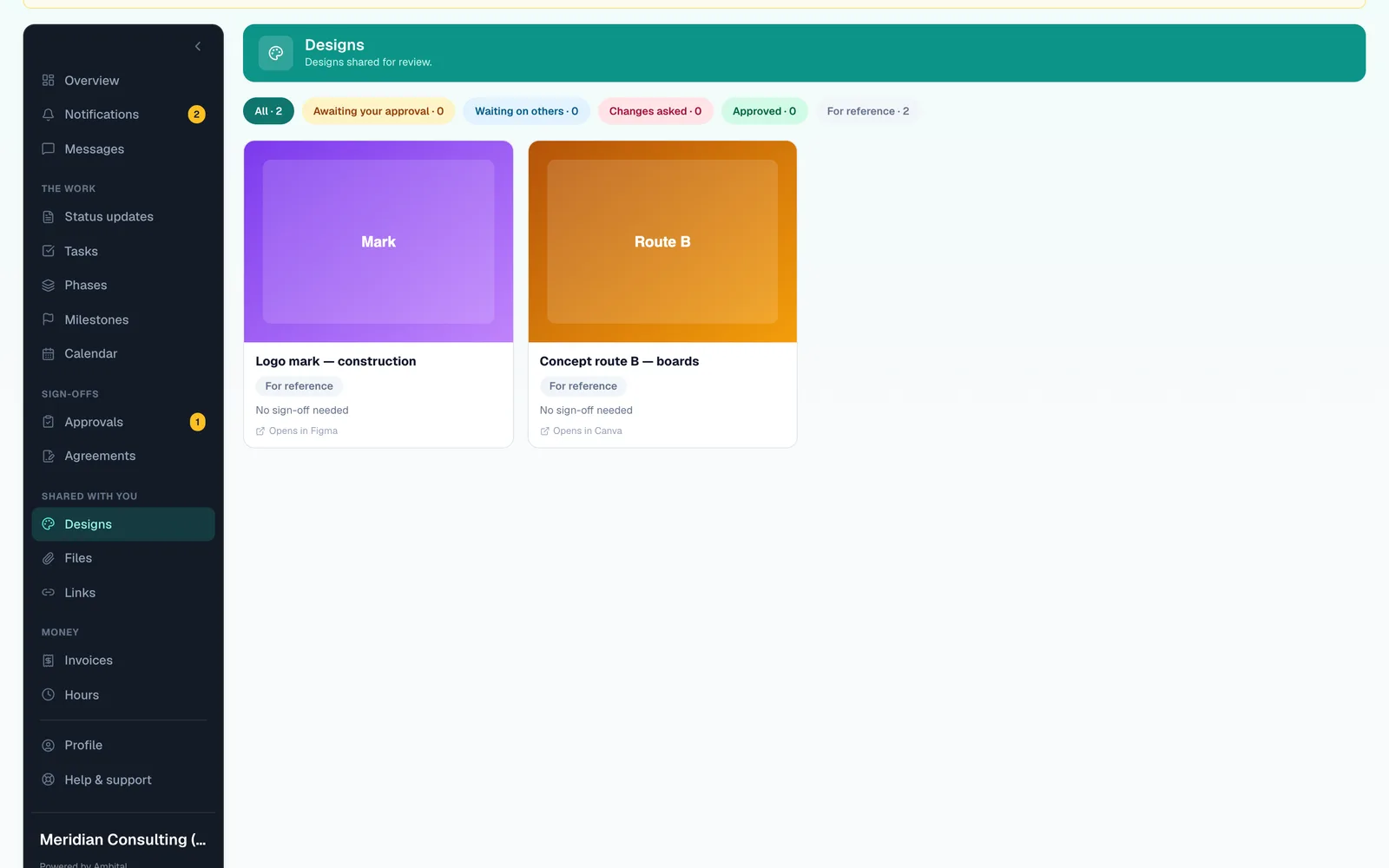 The Designs section of the client's portal, with filters for awaiting, changes asked and approved