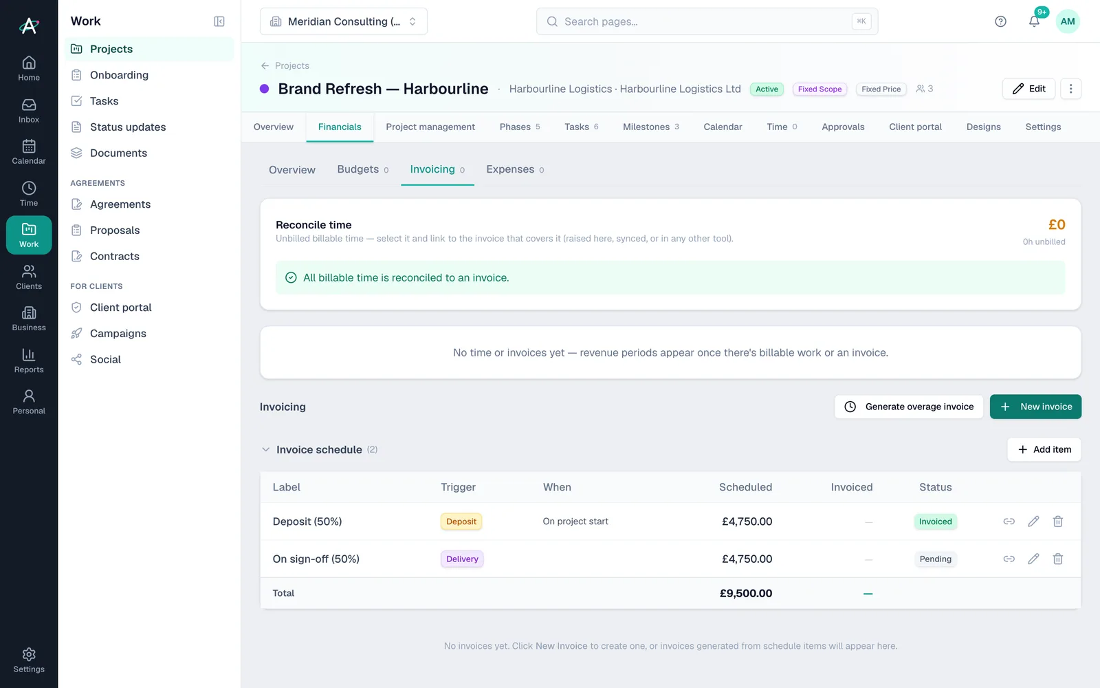 The invoice schedule: a 50% deposit invoiced and 50% on sign-off still to come