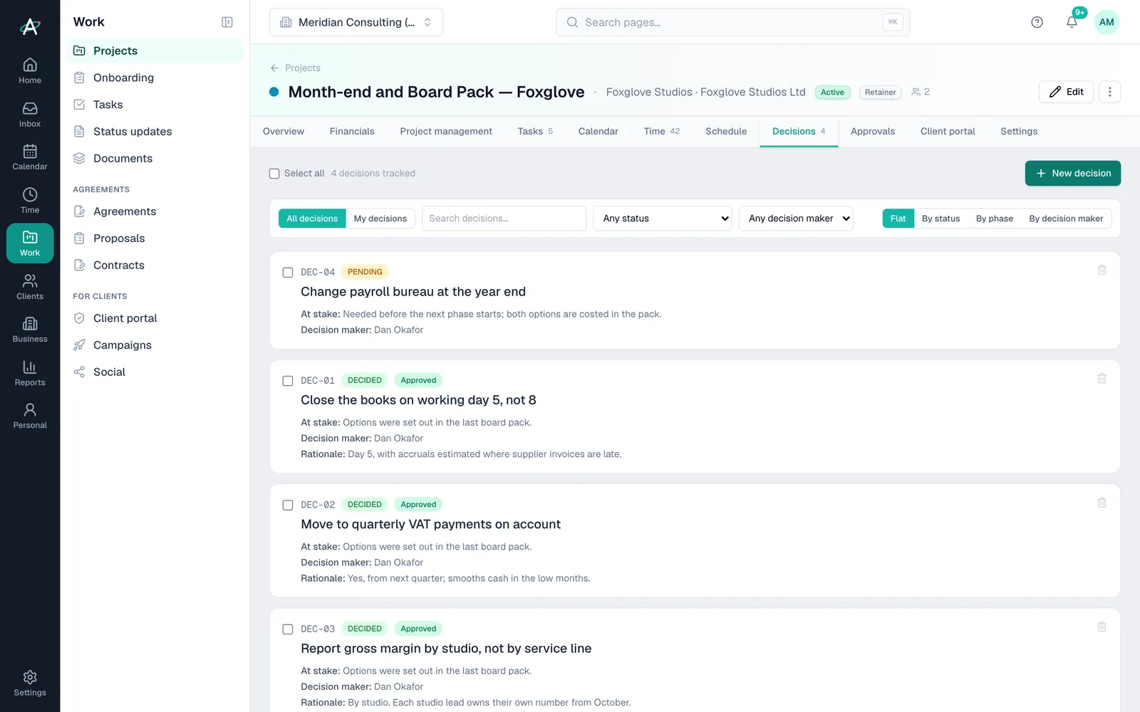 The Decisions tab: a pending decision and three approved decisions, each with its reasoning
