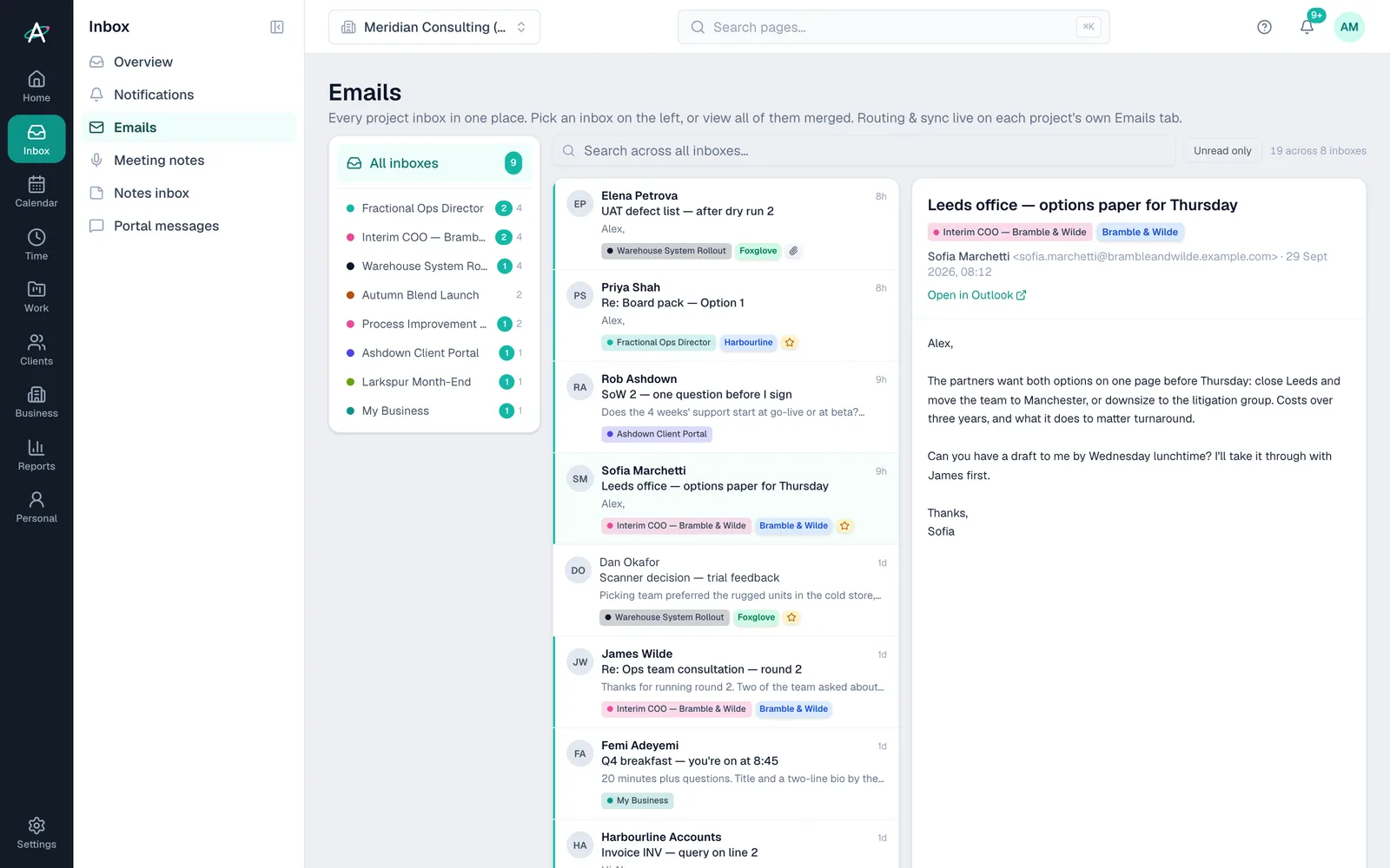 Emails: a message open from the client-issued mailbox, shown beside your own inbox and other client mailboxes