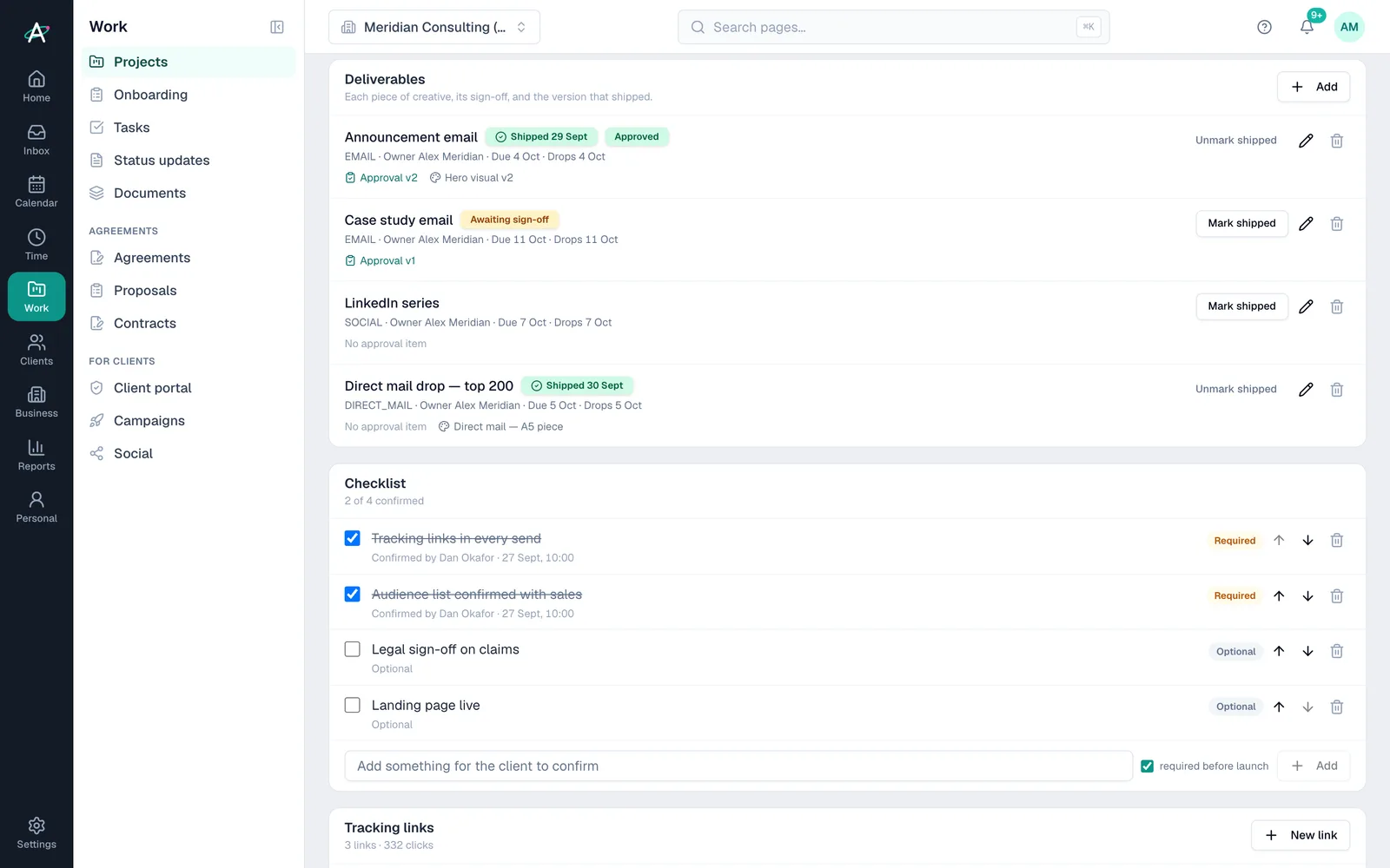Campaign deliverables by channel, each with an owner, dates and sign-off, then the client's pre-launch checklist