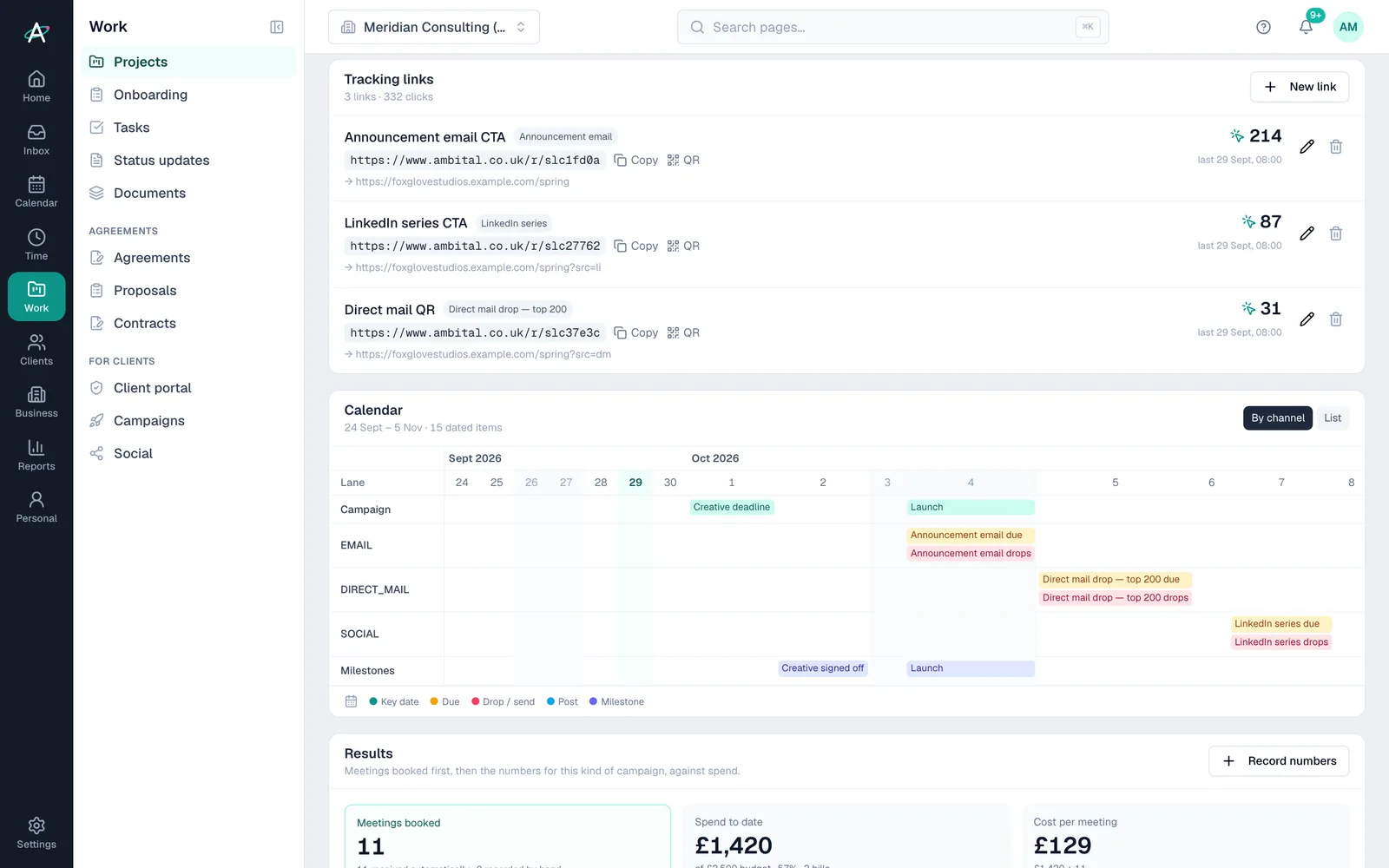 Tracking links with their clicks, the campaign calendar, and results: meetings booked, spend and cost per meeting