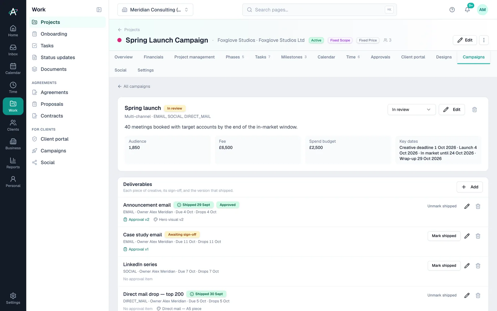 The Spring launch campaign: objective, audience, fee and spend budgets, key dates and deliverables with their approval status