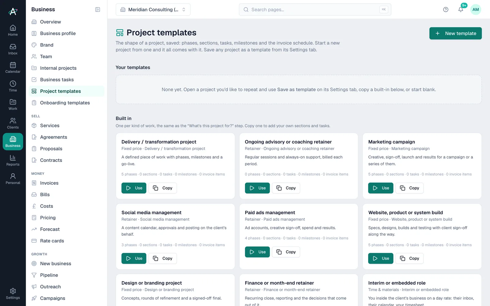 Business → Project templates: a built-in template for each kind of work