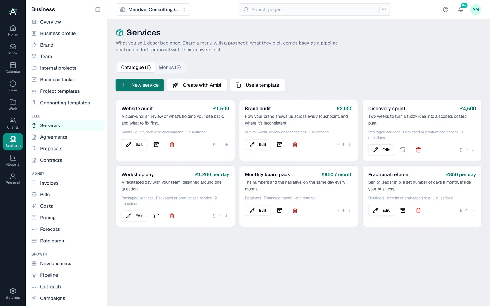 Business → Services: the catalogue of priced services, from audits to a discovery sprint and a fractional retainer