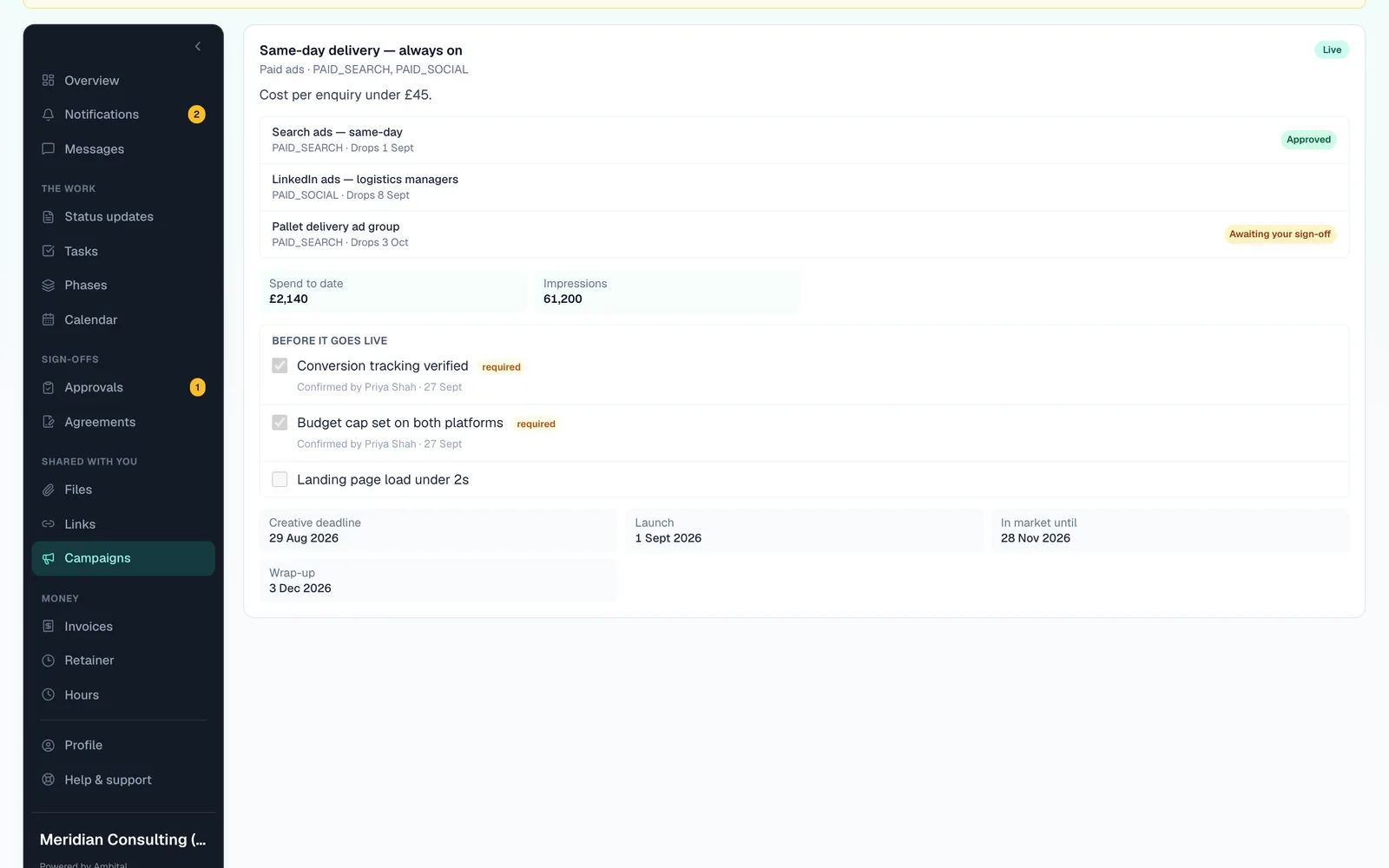 The Campaigns page of the client's portal: deliverables and the pre-launch checklist