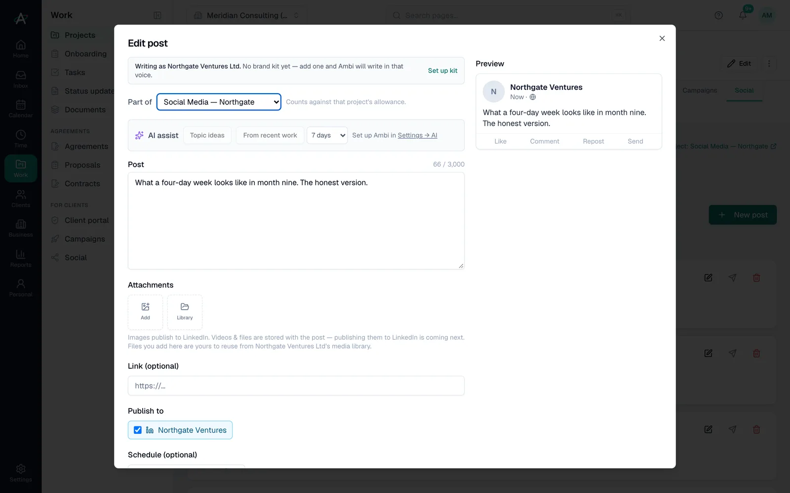 A scheduled LinkedIn post open in the composer, with a preview as the client's page