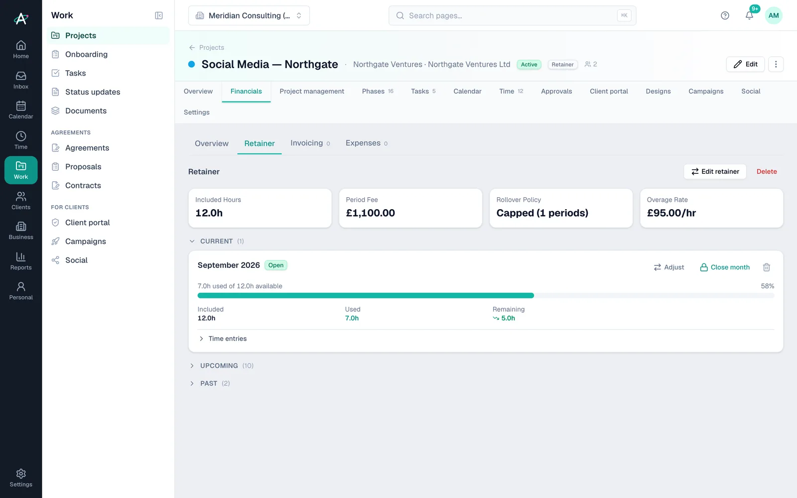 The social retainer: 12 hours a month, the monthly fee and this month's usage
