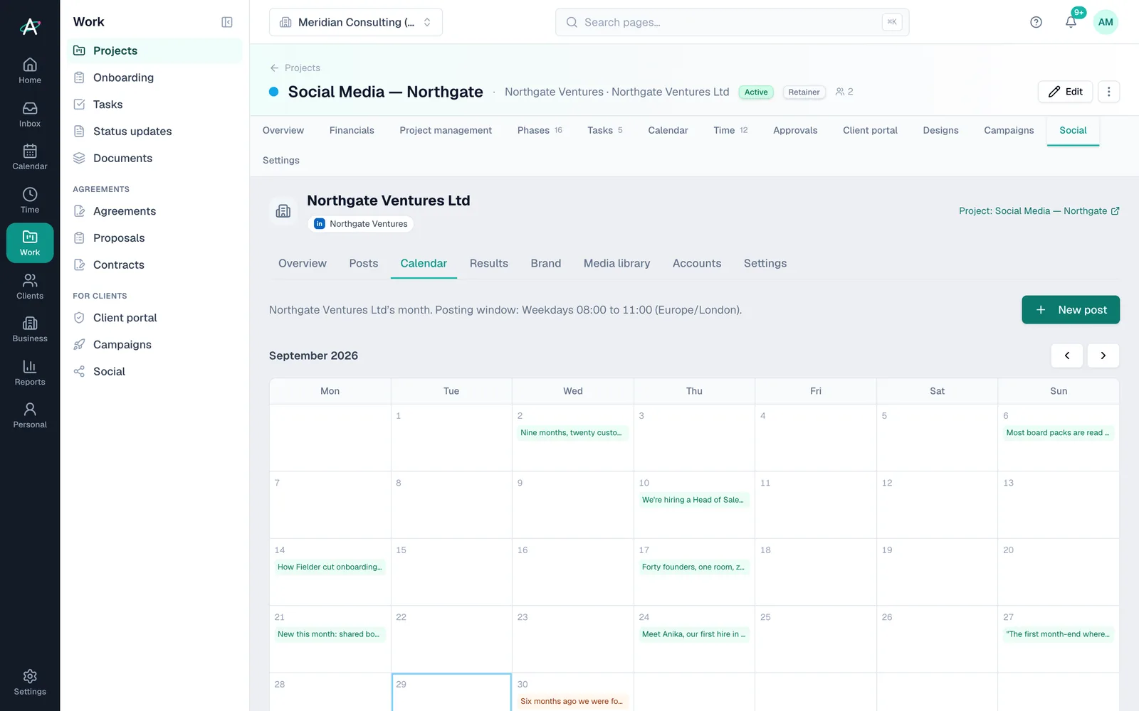 A client's LinkedIn content calendar for the month, with published posts and posts awaiting approval