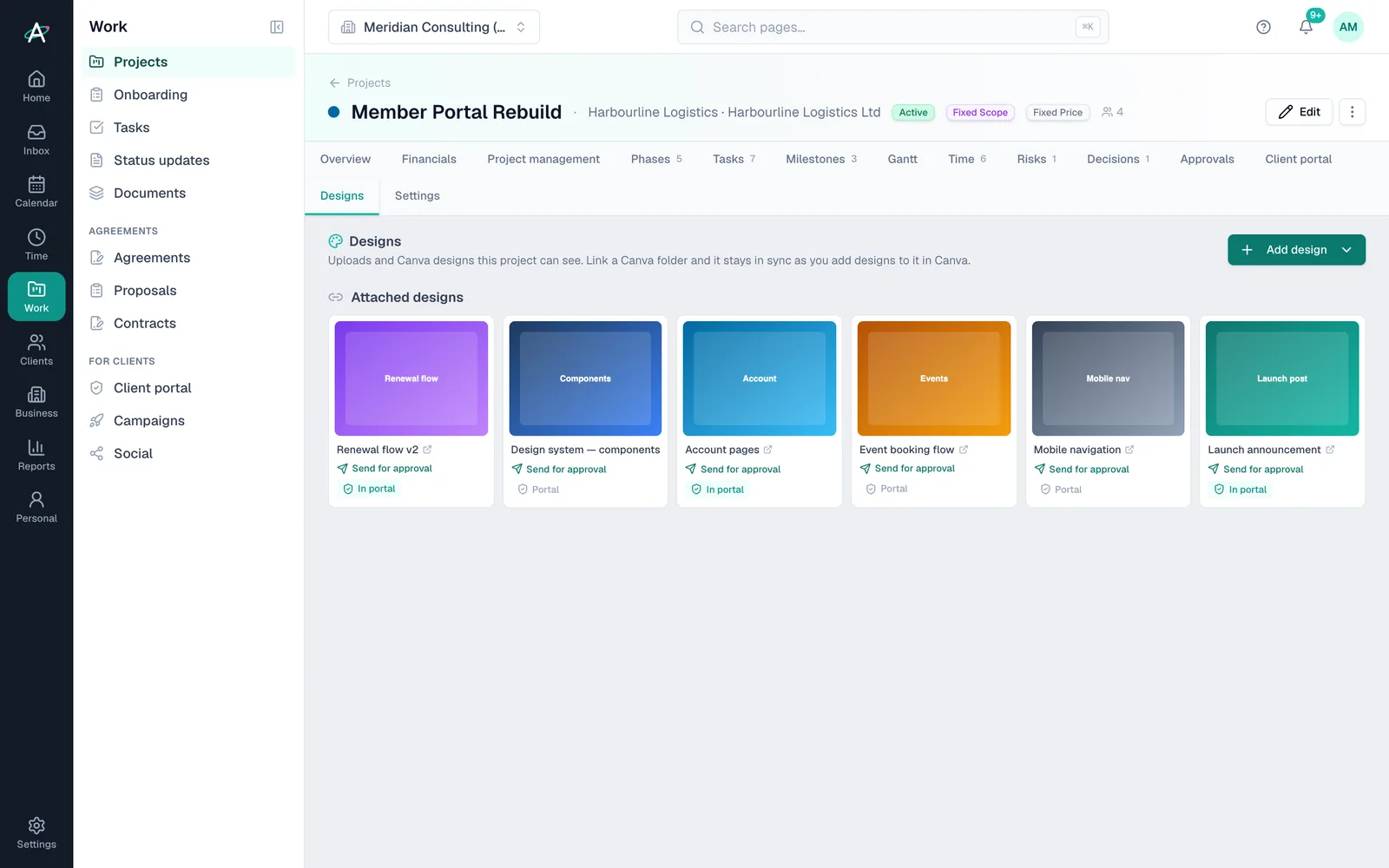 The Member Portal Rebuild's Designs tab: Figma and Canva designs, some switched into the client's portal