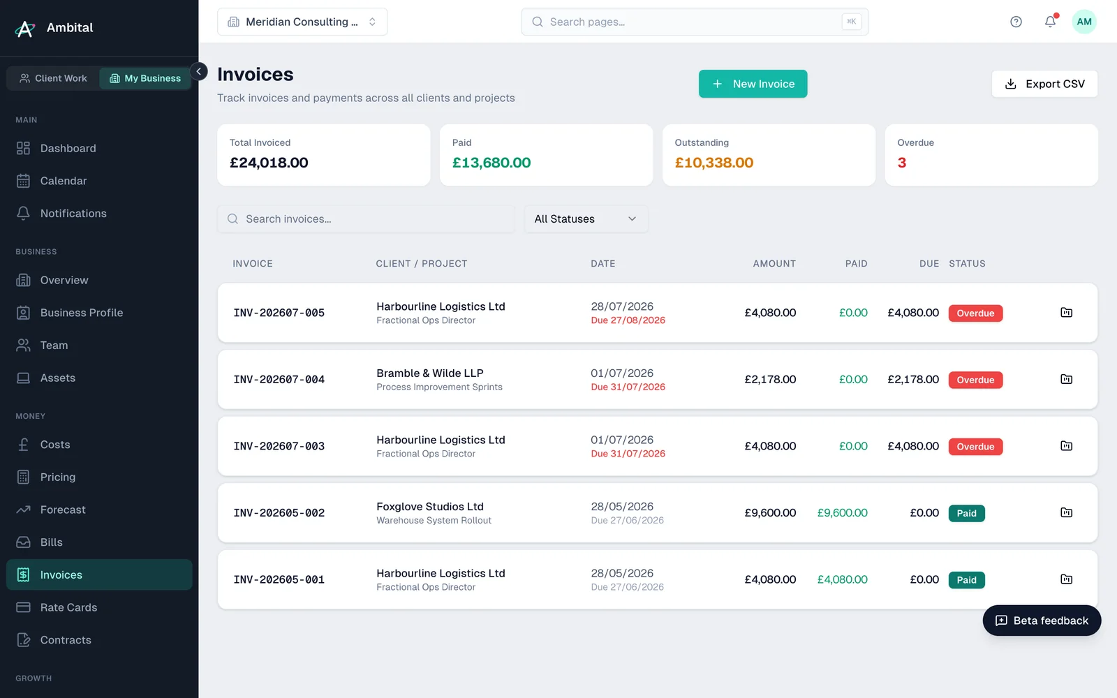 The invoices page