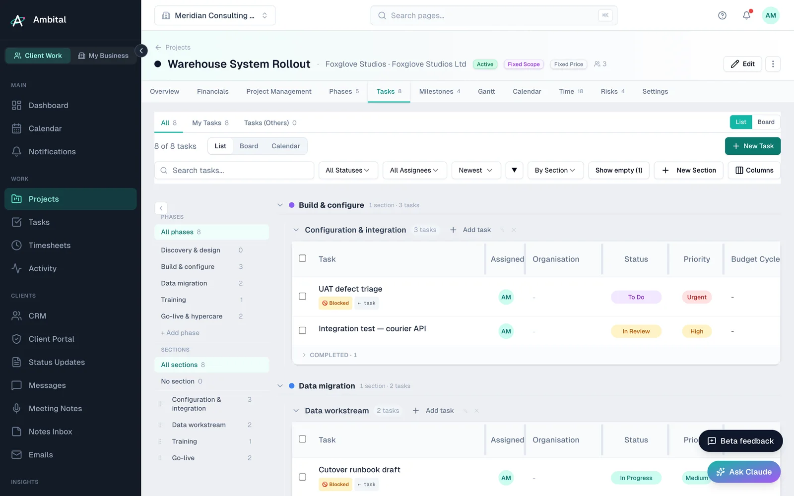 A project's tasks tab