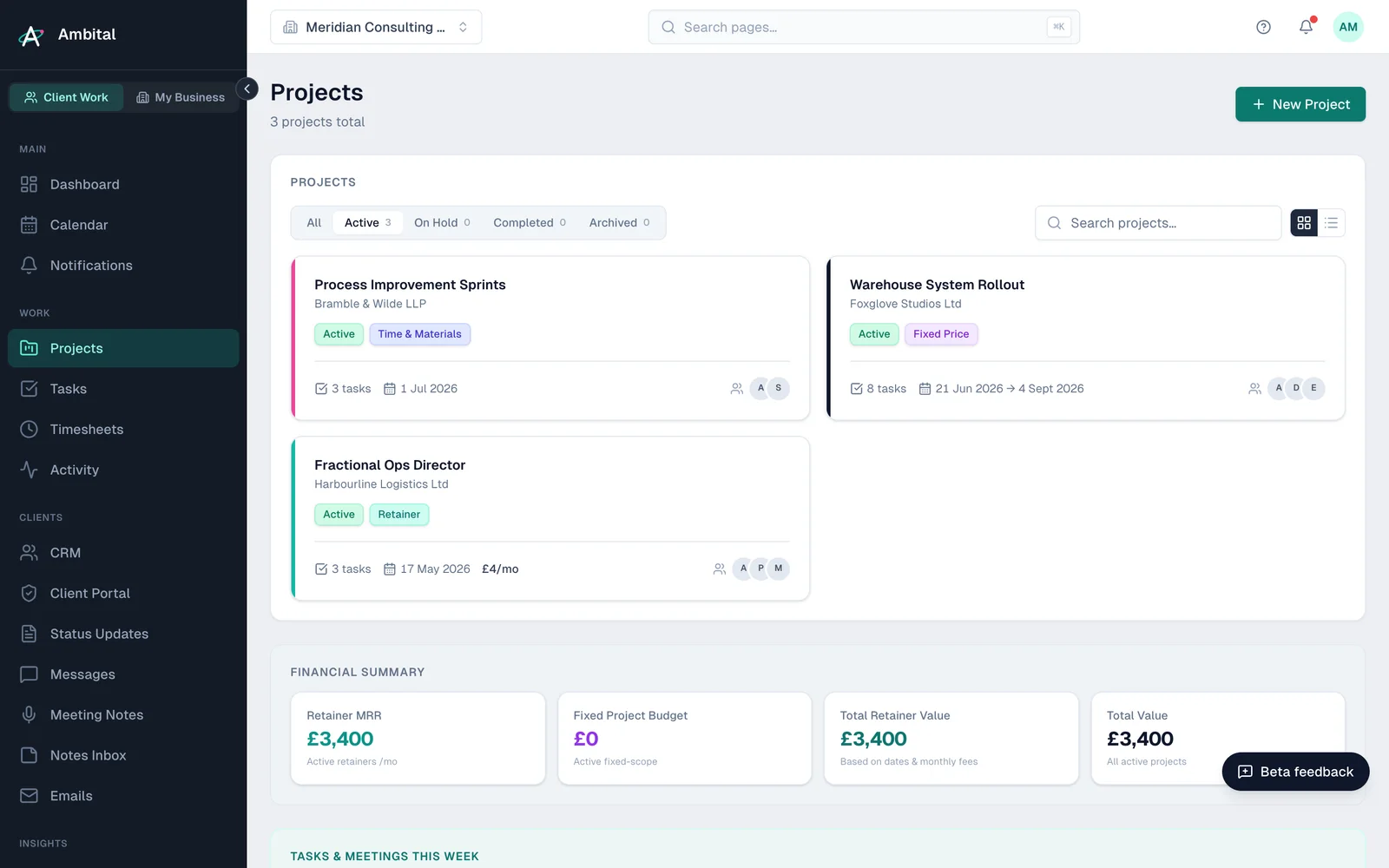 The projects list