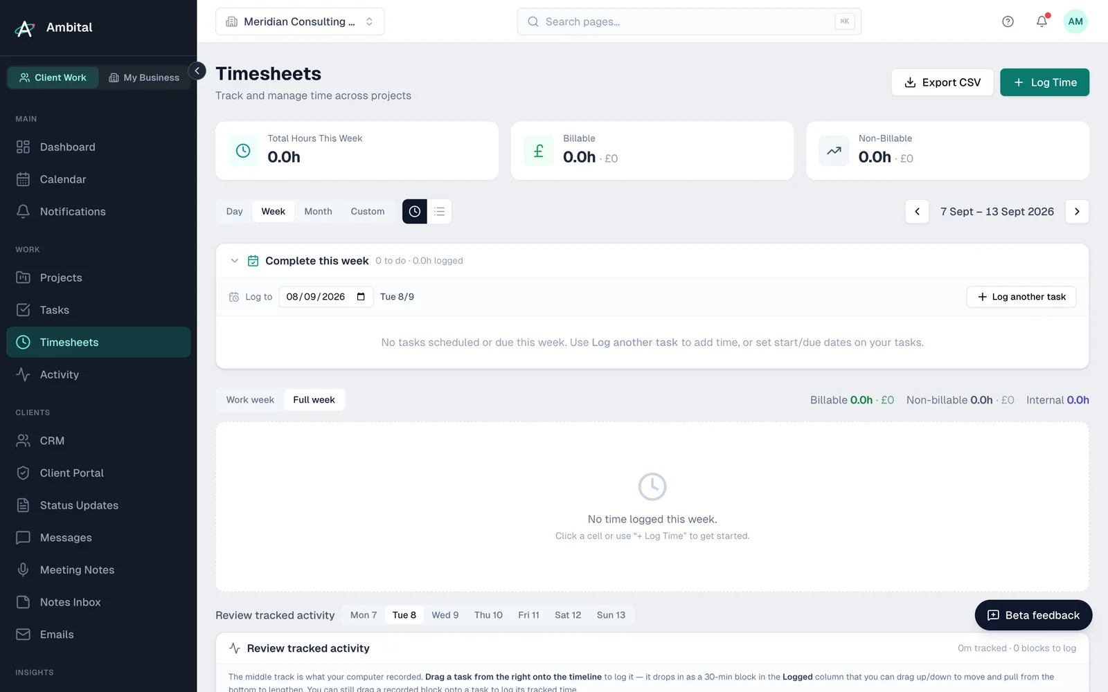 The timesheets page