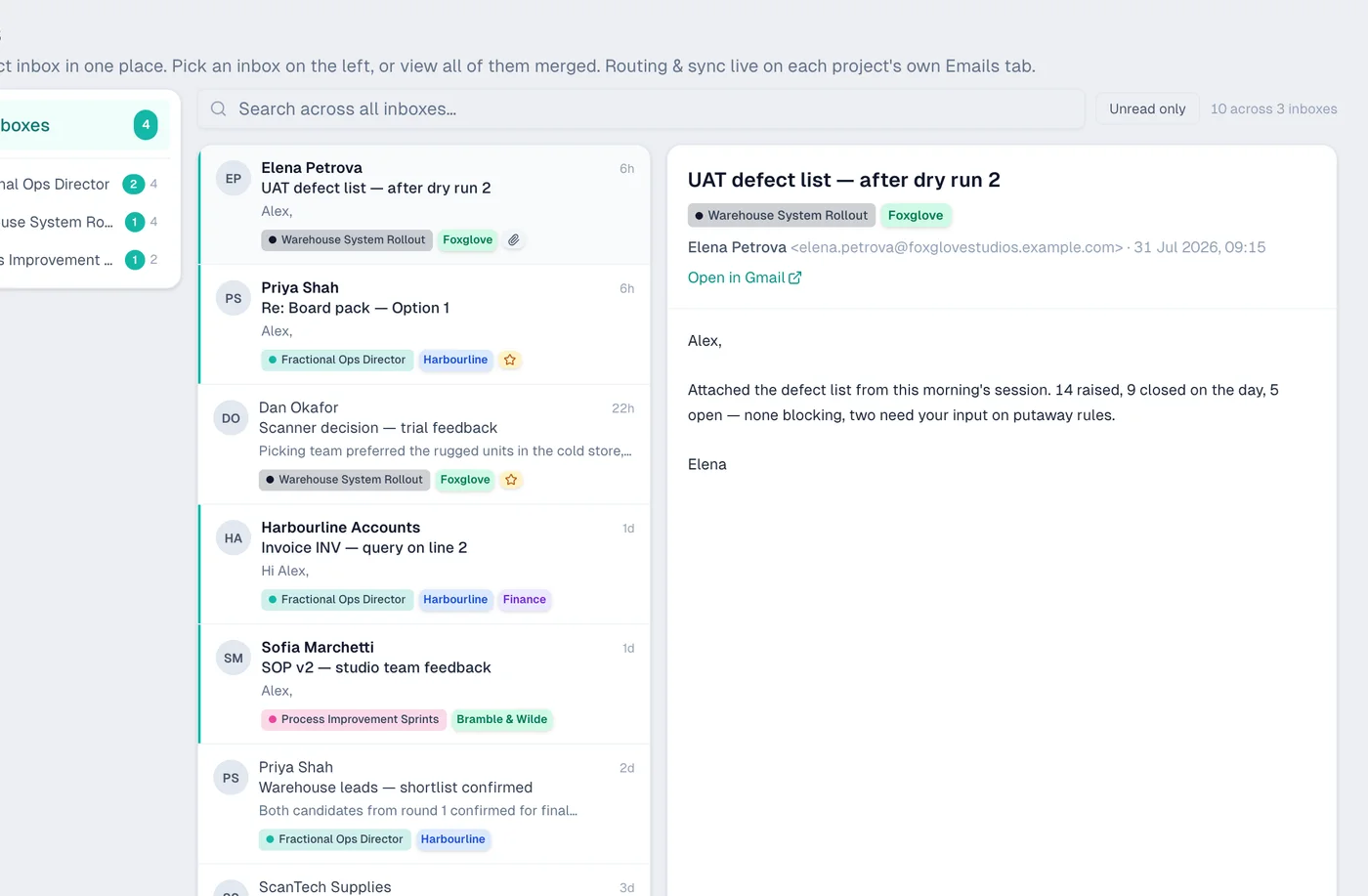 The Ambital unified inbox — every project inbox merged, with labels and unread counts