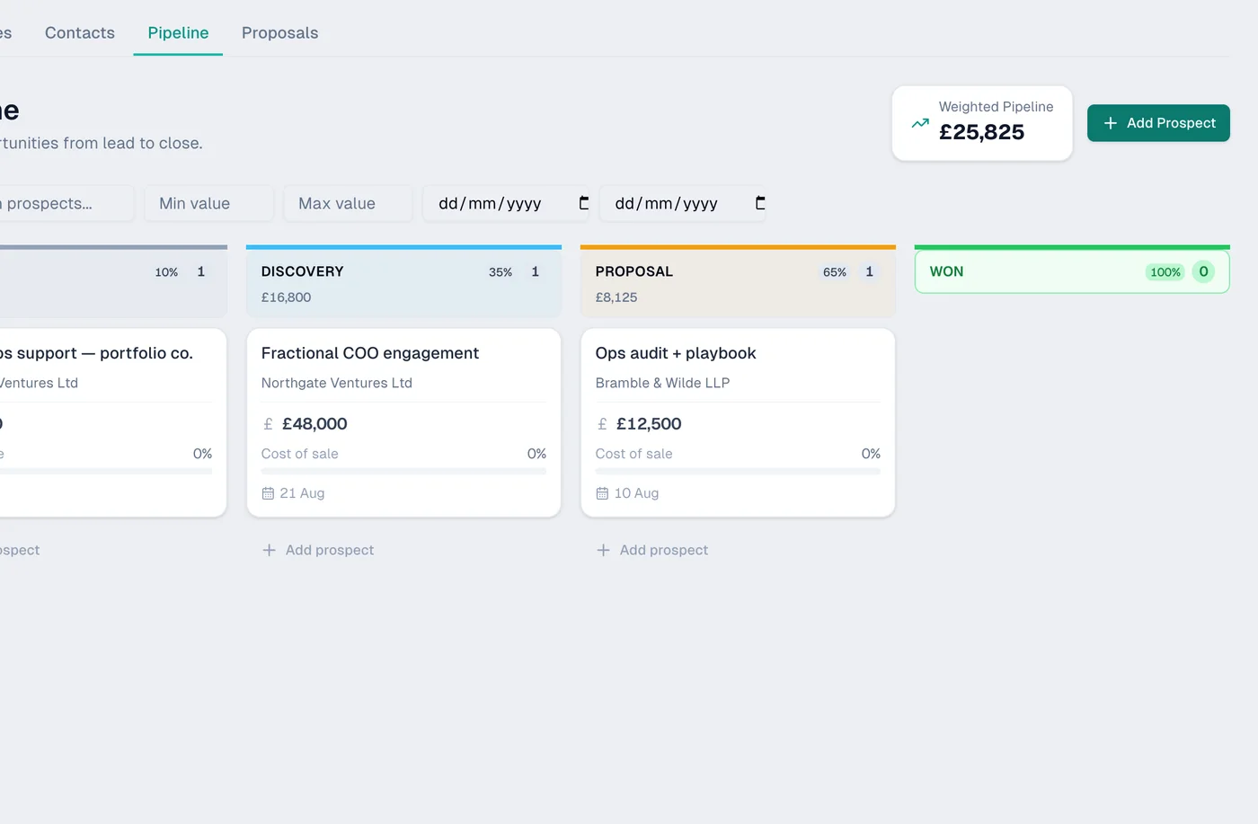 The Ambital pipeline — kanban stages with values and weighted forecast