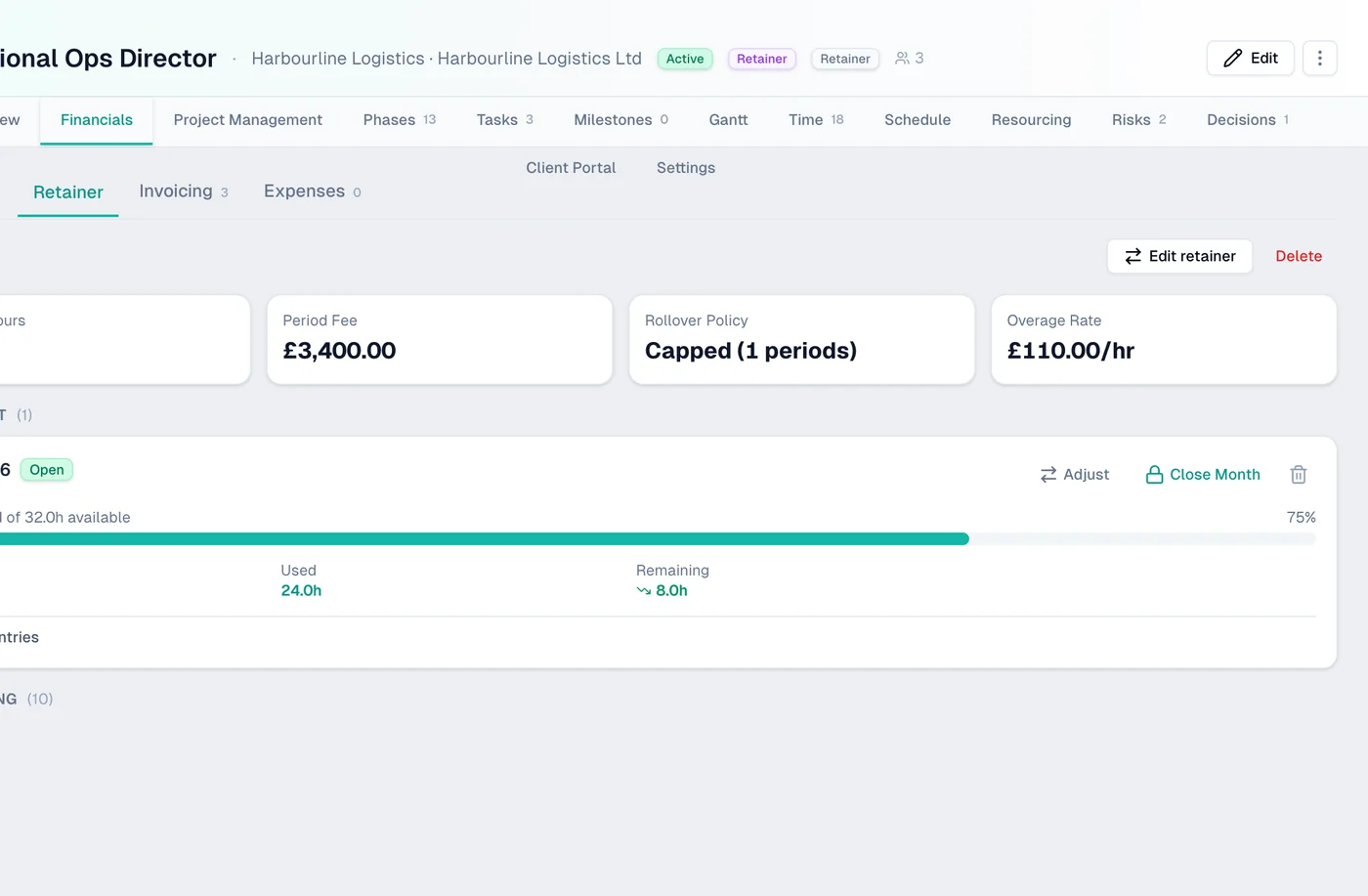 Retainer tracking in Ambital — included hours, usage, rollover and overage per period
