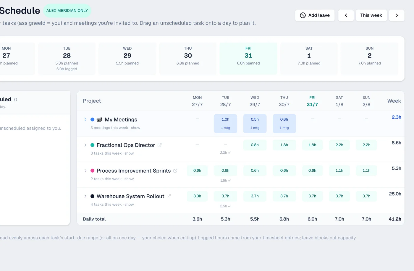My Schedule in Ambital — planned hours per project per day with weekly totals