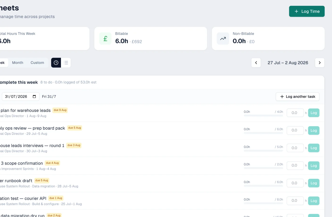 Ambital timesheets — weekly view with billable value and per-task logging